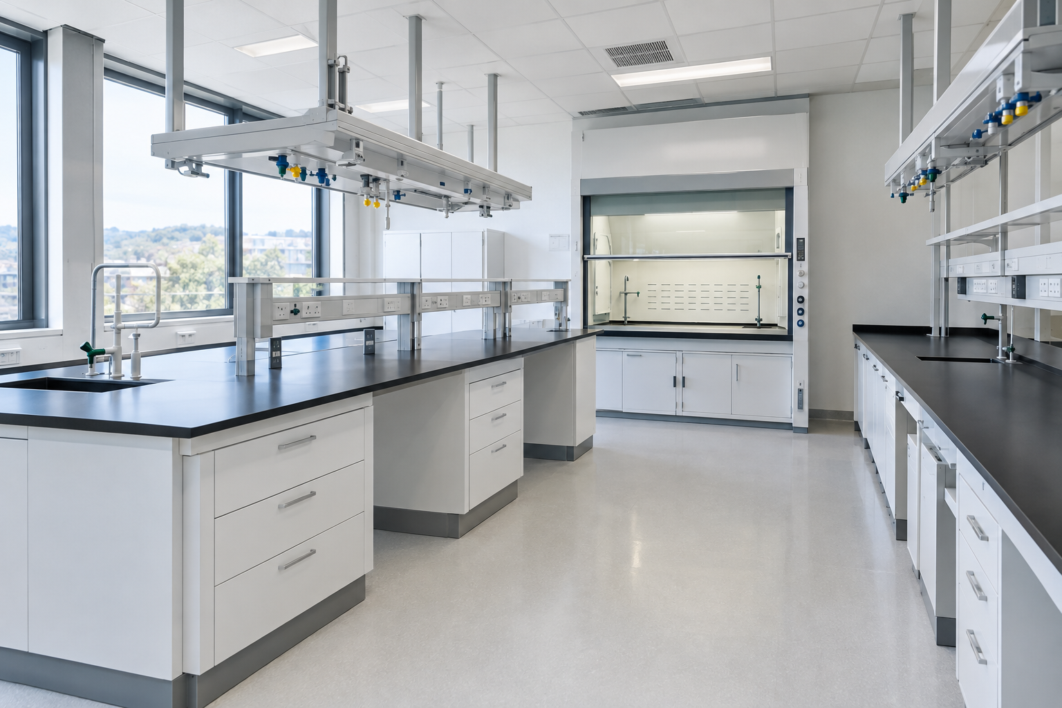 Laboratoire aménagé, paillasses et sorbonne, sans personne